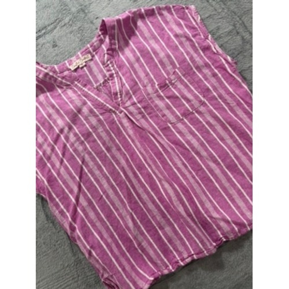 Coastal Comfort Blouse‎ Womens XL Pink Striped Linen Blend Beachy Casual